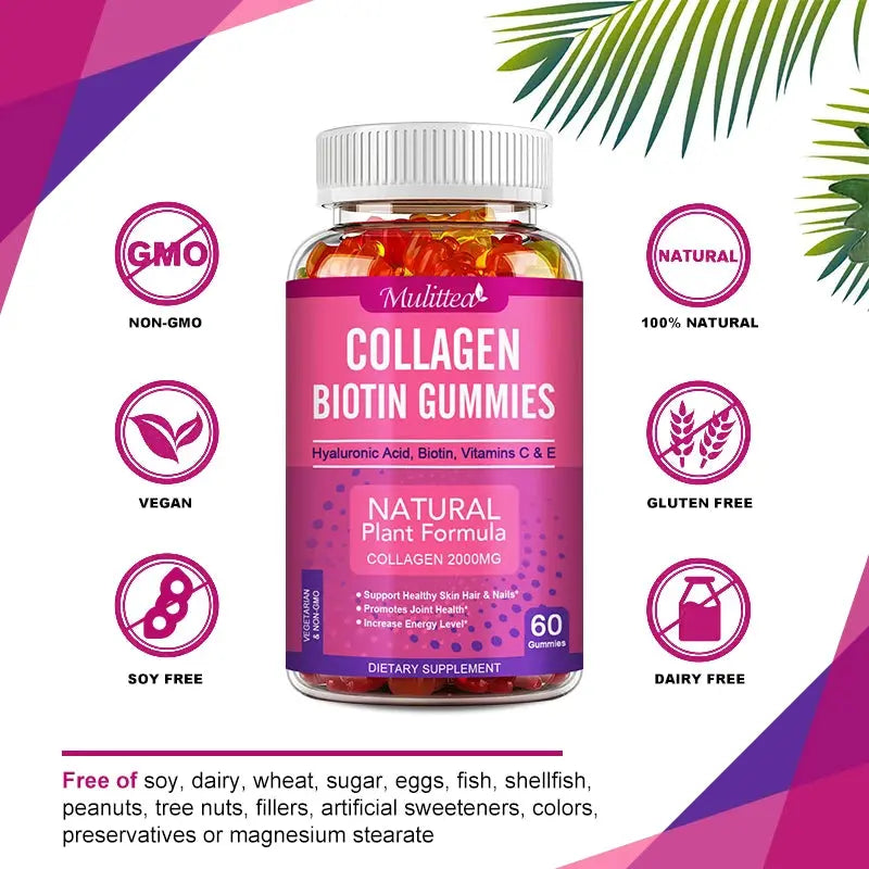 Mulittea Collagen Gummies with Biotin for Hair Growth Skin Care Brighten Skin & Skin Hydrolyzed Helps Nail Bone Joint Ma Cire Colorante